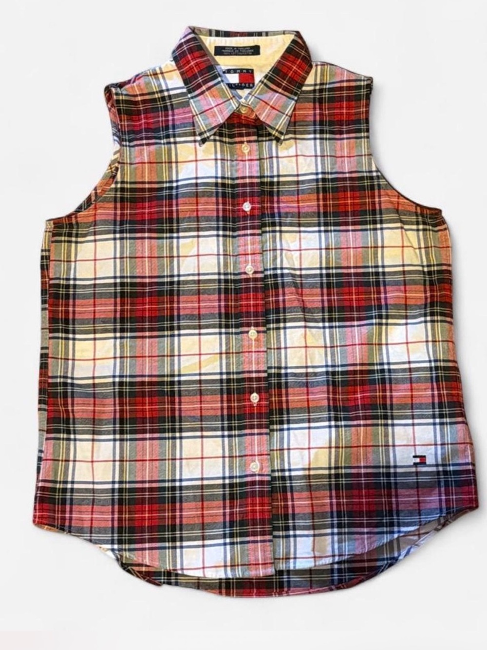 Tommy Hilfiger Red, White & Navy Plaid Sleeveless Button-Down Shirt